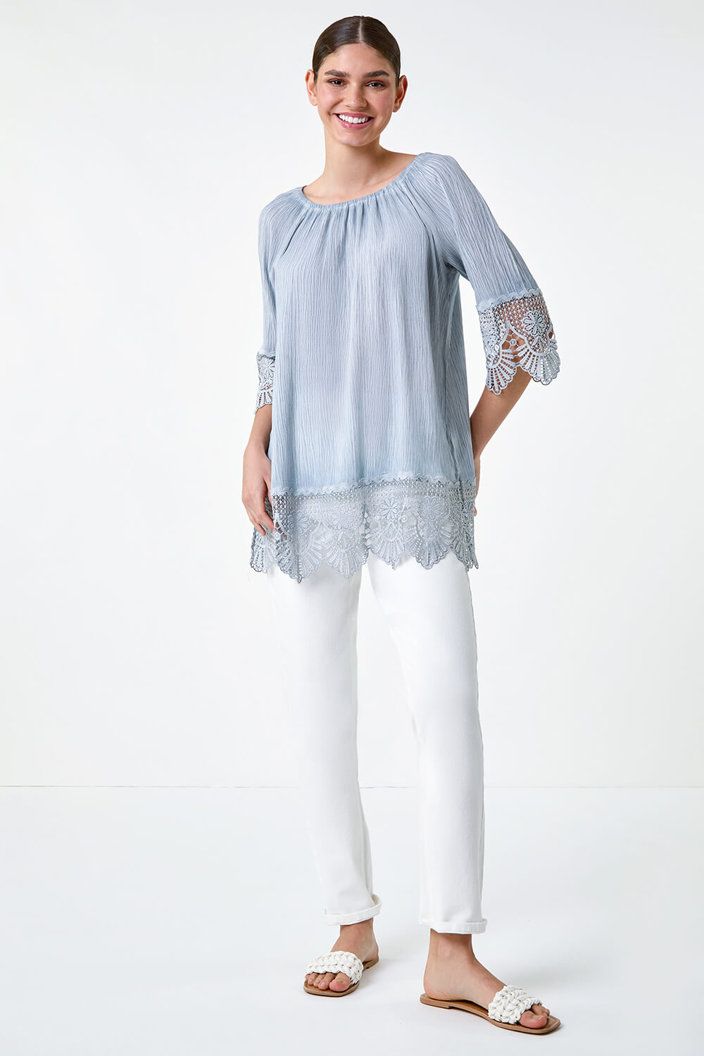 Blue Lace Trim Textured Bardot Top, Image 2 of 5
