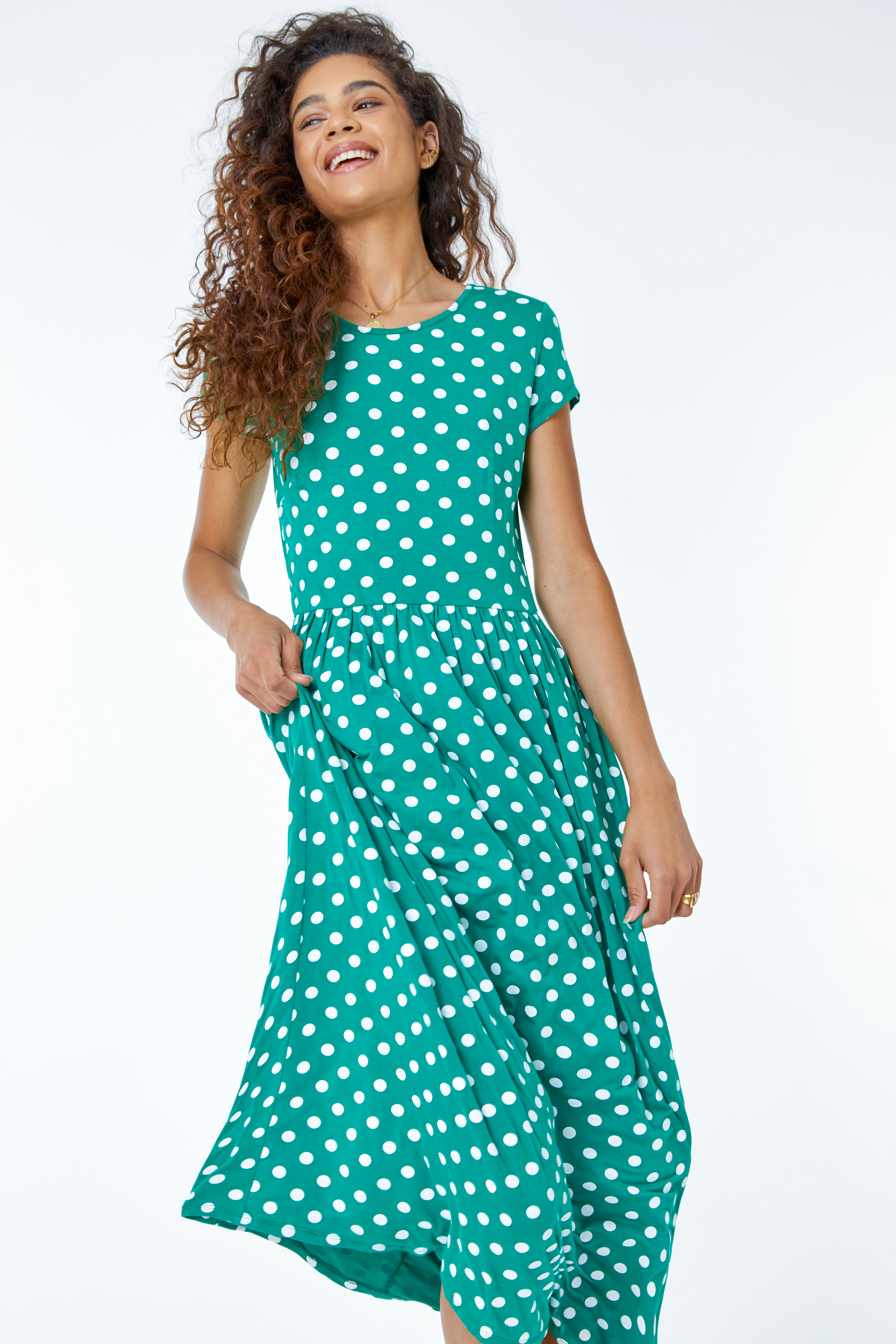 Green Spot Print Stretch Midi Dress, Image 2 of 5