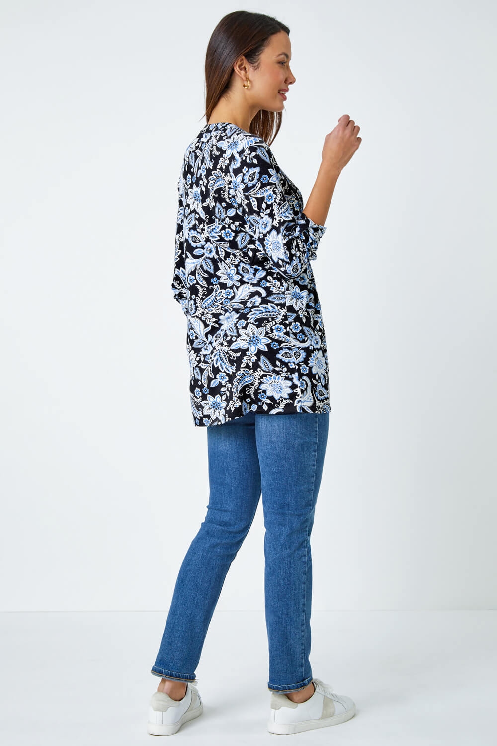 Black Floral Print Pintuck Stretch Top, Image 3 of 5