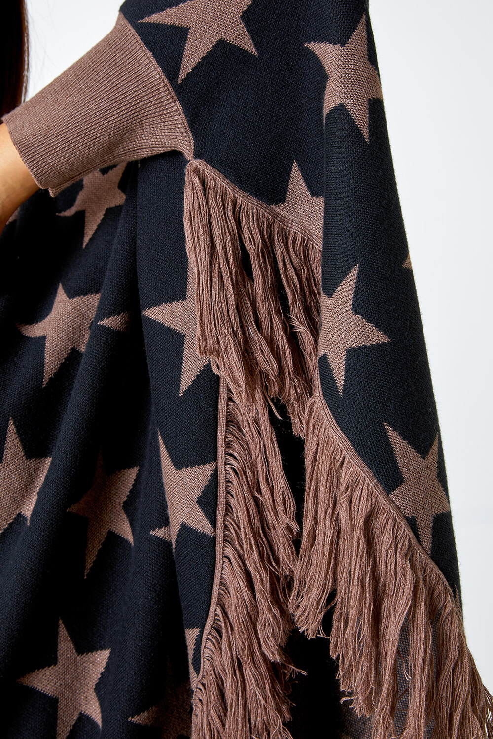 Camel  Star Print Wool Blend Fringed Poncho, Image 5 of 5