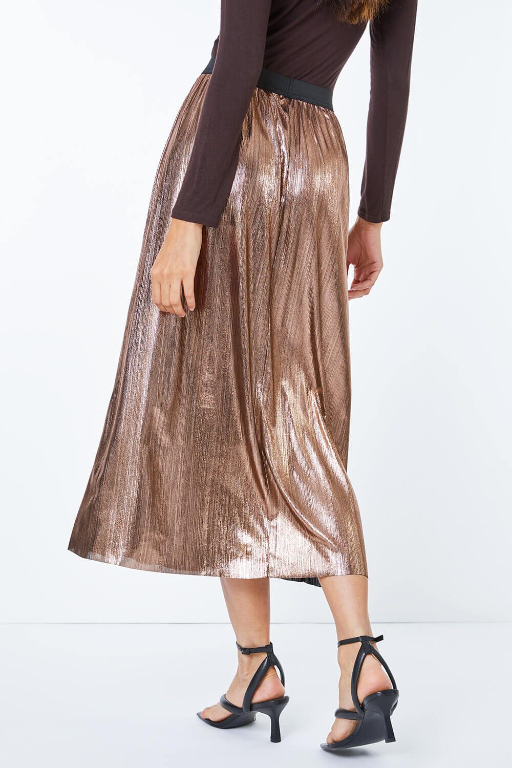Copper Metallic Shimmer Stretch Midi Skirt, Image 3 of 5