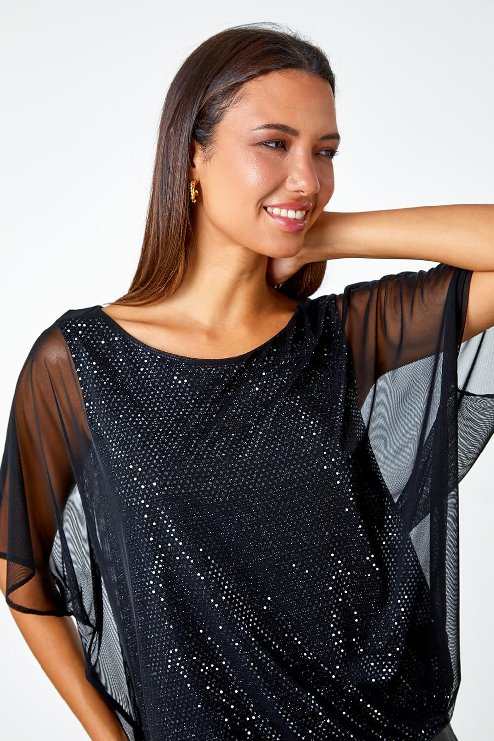 Black Sparkle Mesh Stretch Overlay Top, Image 4 of 5