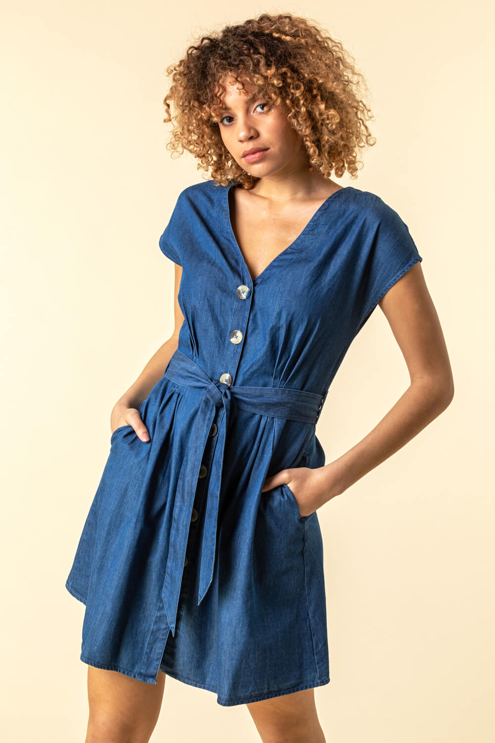 Button Through Pocket Dress in Denim Blue - Roman Originals UK