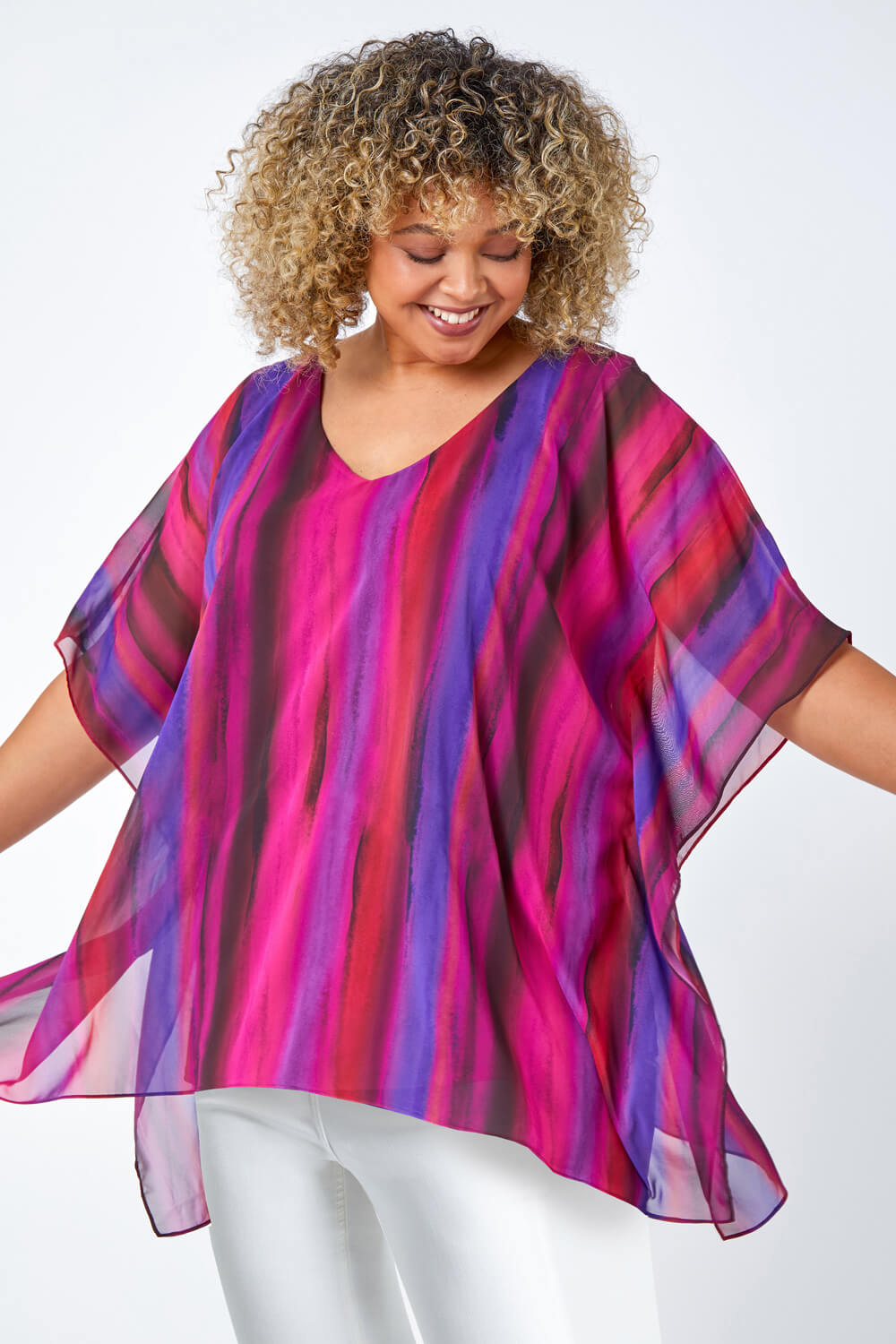 PINK Curve Stripe Chiffon Overlay Top, Image 4 of 5
