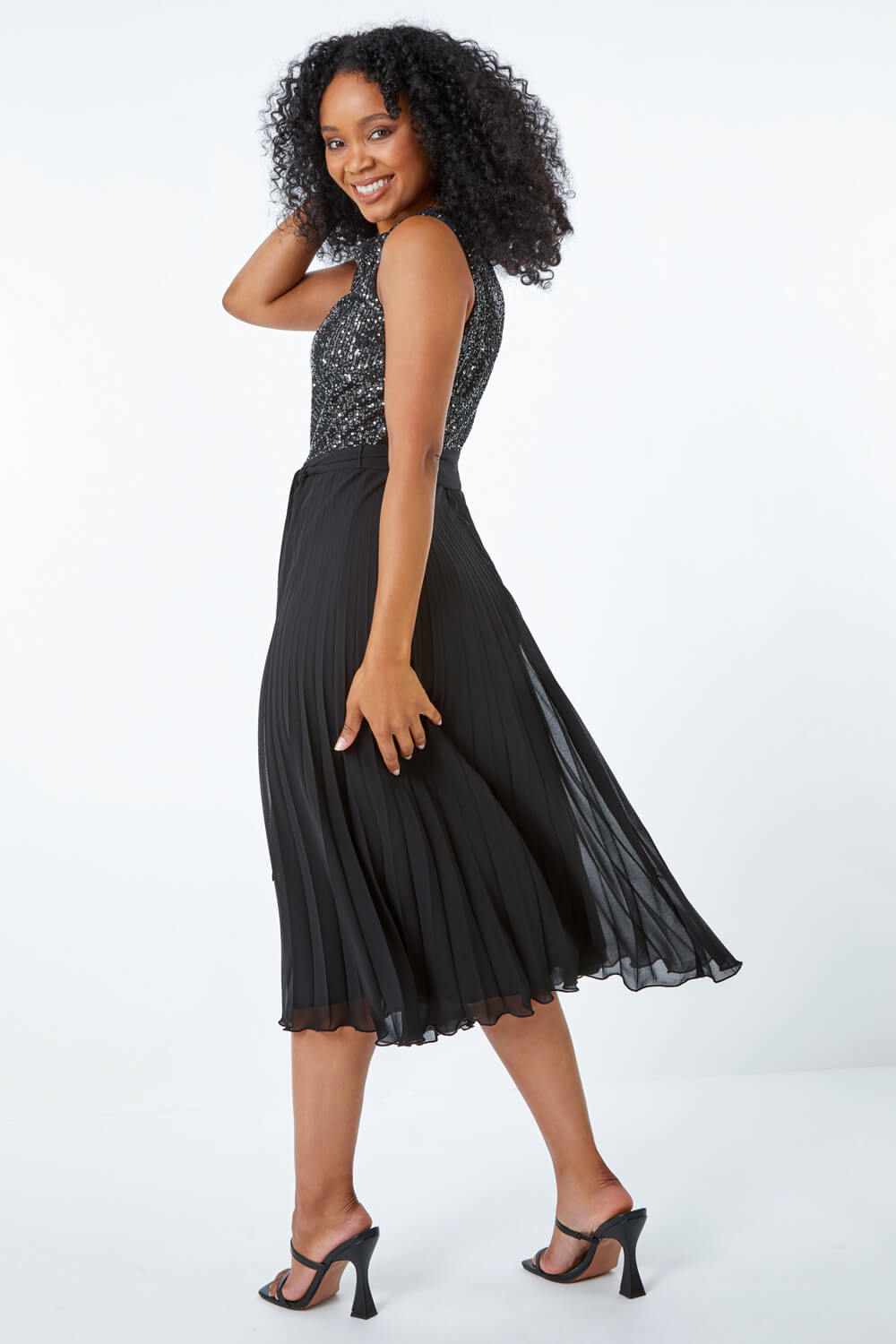 Black Petite Embellished Pleated Midi Dress, Image 3 of 5