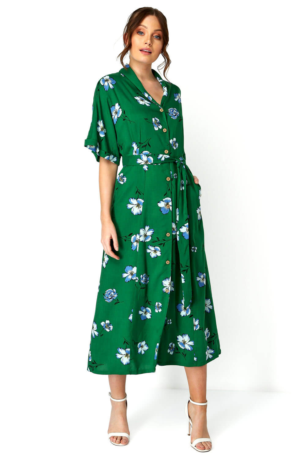 Floral Button Through Maxi Dress in GREEN - Roman Originals UK