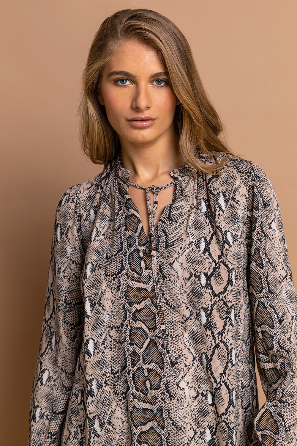 Neutral Snake Print Tie Neck Blouse, Image 4 of 5