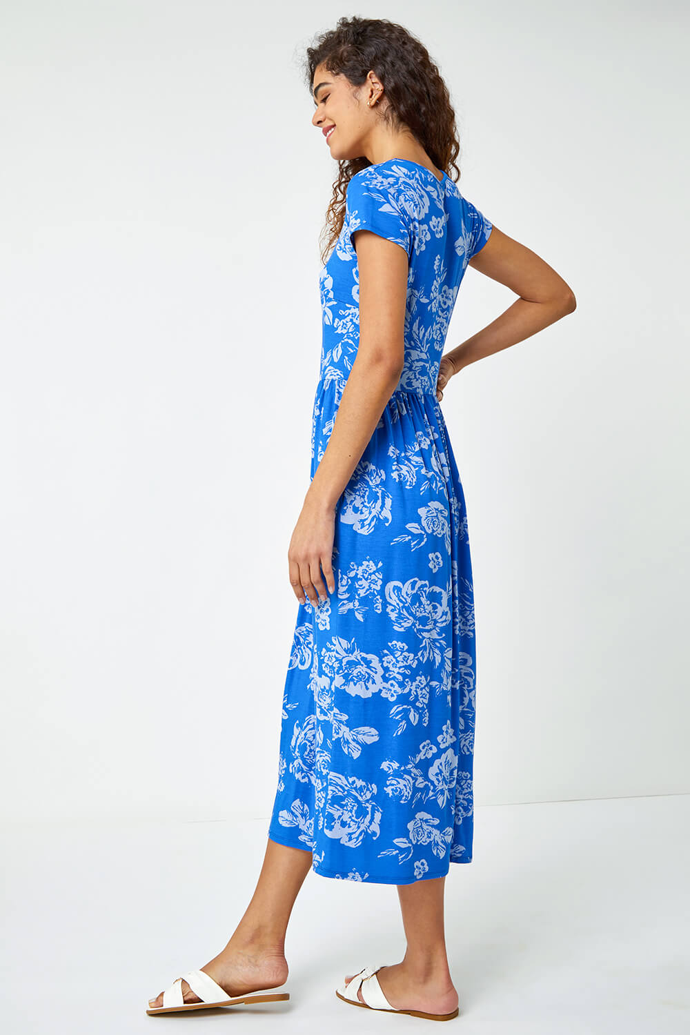 Blue Floral Print Midi Stretch Dress, Image 3 of 5
