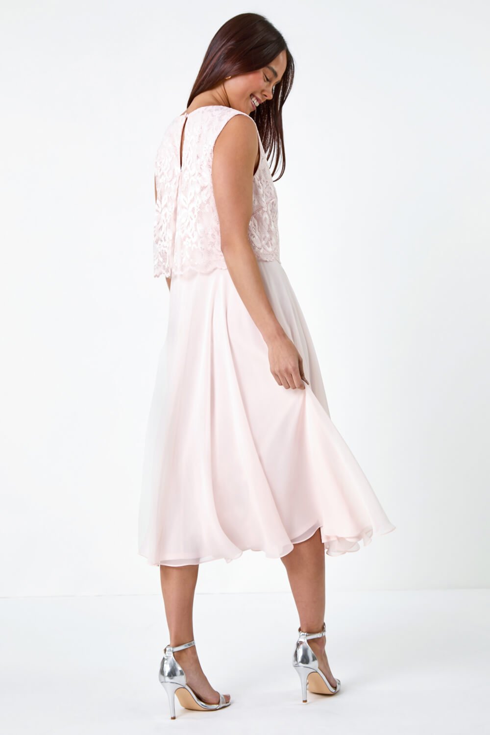 Light Pink Petite Chiffon Overlay Lace Midi Dress, Image 3 of 6