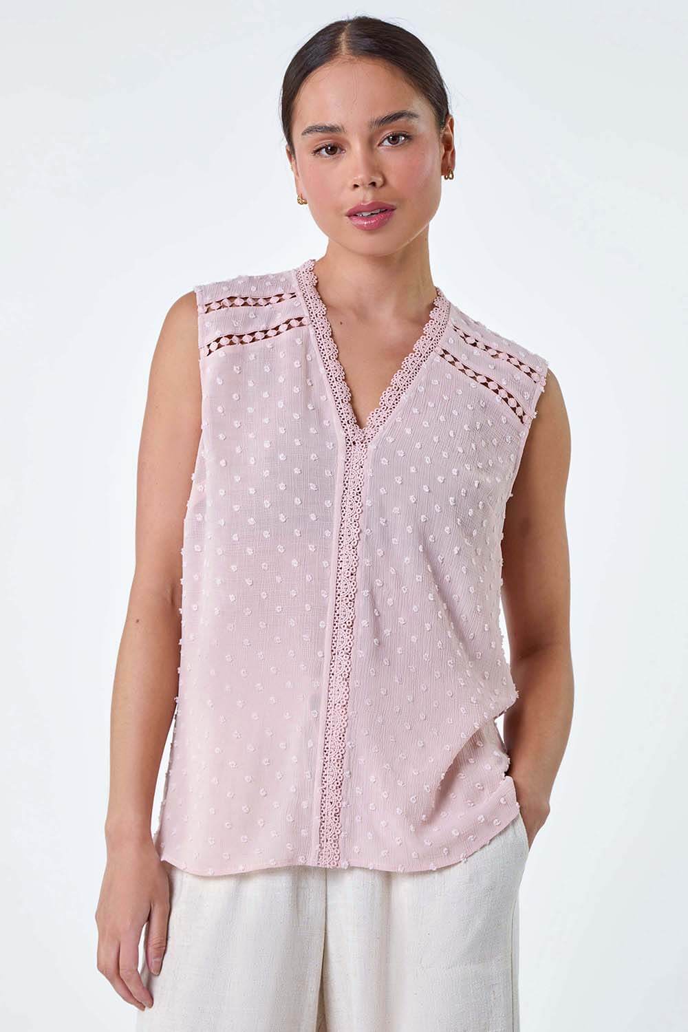 Light Pink Petite Spot Print Lace Tunic Top, Image 4 of 5