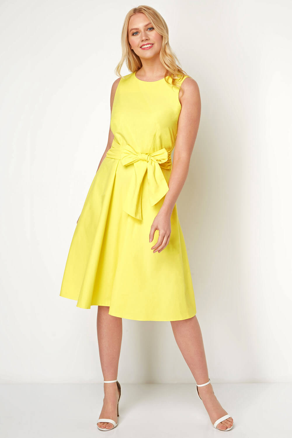 Yellow Cotton Tie Waist Midi Dress, Image 2 of 5