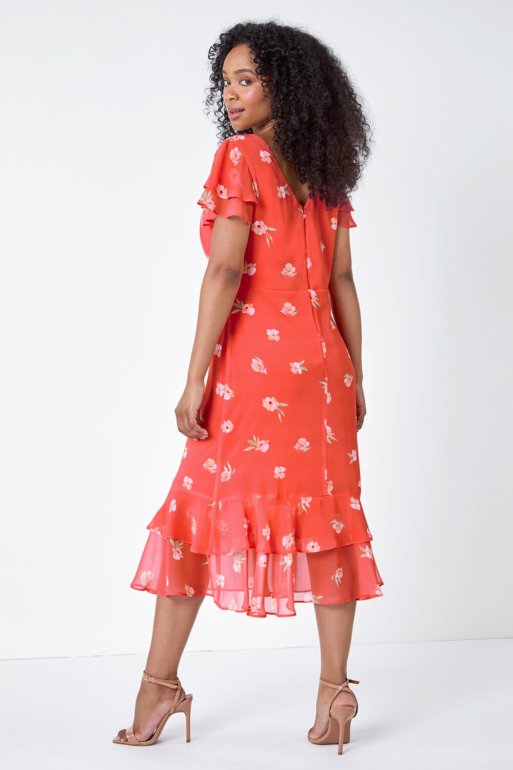 CORAL Petite Floral Chiffon Frill Tiered Midi Dress, Image 3 of 5