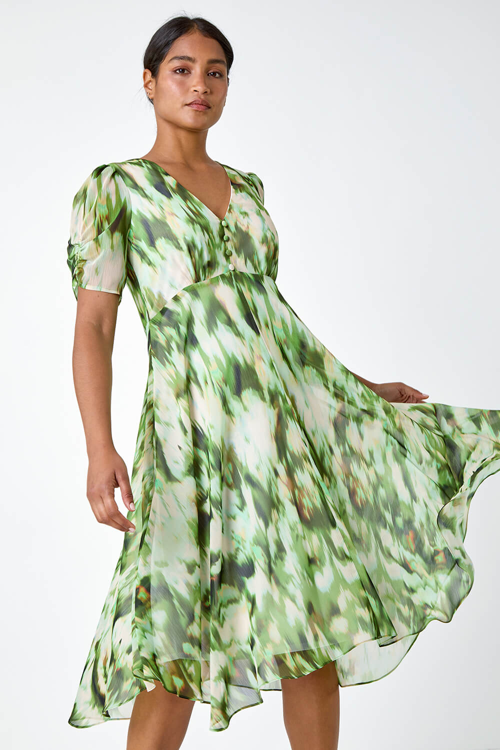 Green Abstract Print Hanky Hem Chiffon Dress | Roman UK