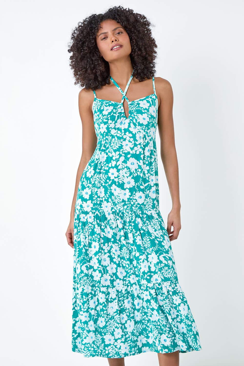Turquoise Floral Strappy Cross Over Midi Dress, Image 4 of 5