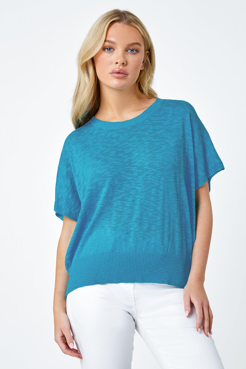 Turquoise Petite Cotton Blend Textured Knit Top, Image 4 of 5
