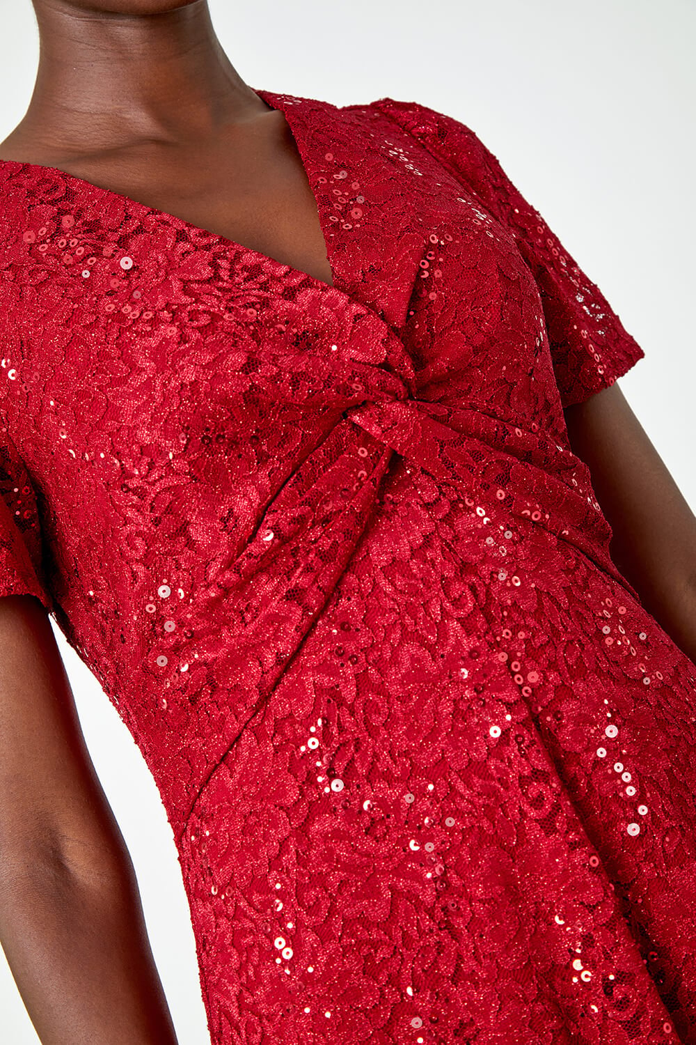 Red Sequin Lace Twist Front Midi Dress, Image 7 of 7