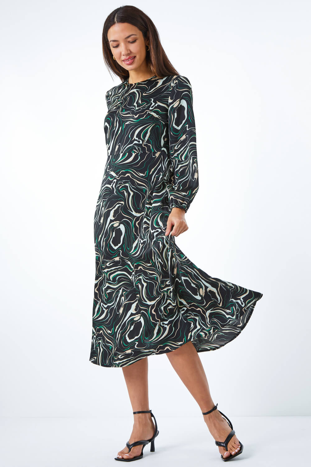 Black Marble Print Fit & Flare Dress , Image 4 of 5