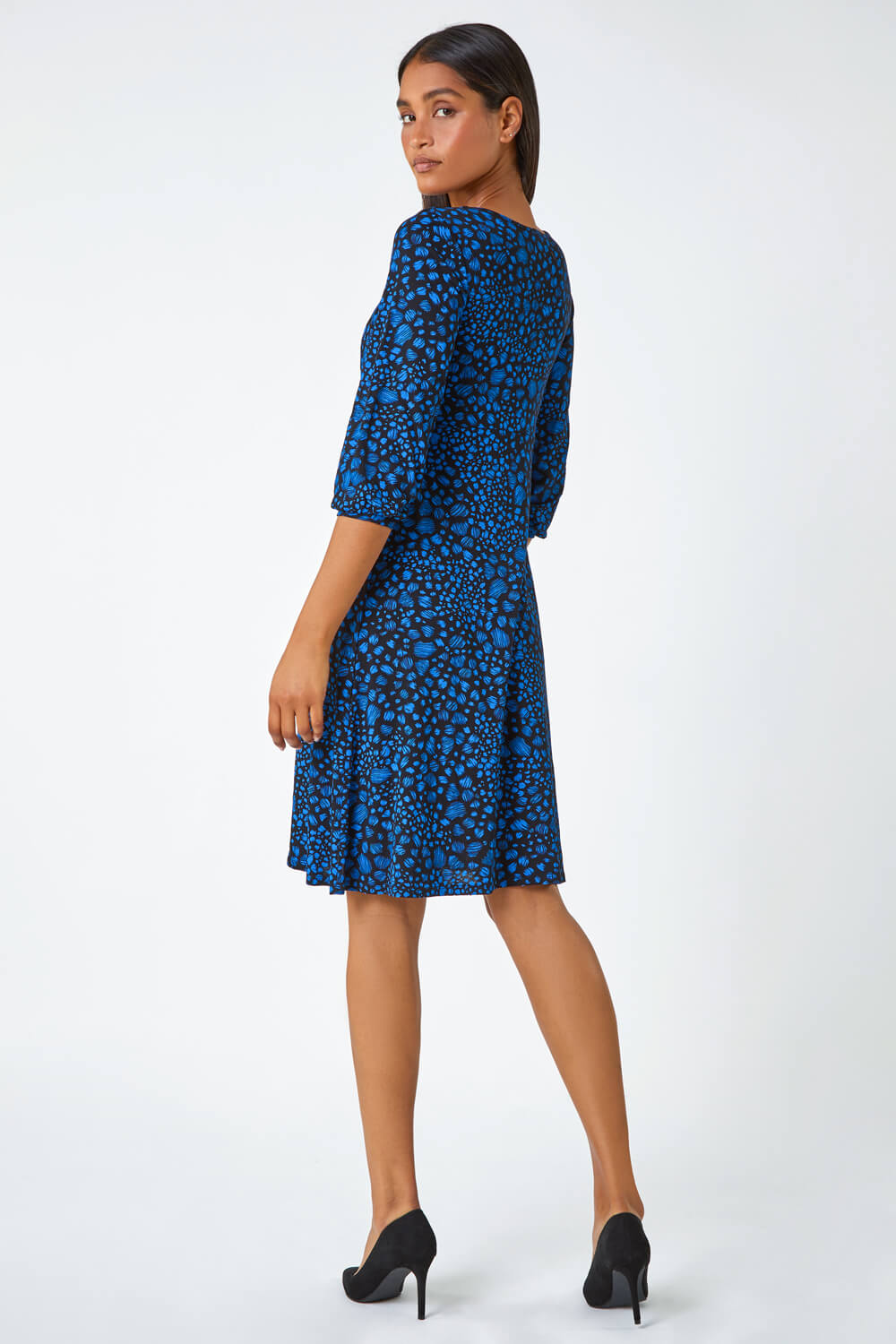 Royal Blue Abstract Spot Print Stretch Dress , Image 3 of 5