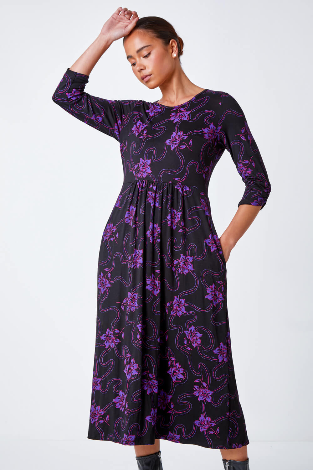 Purple Petite Floral Print Midi Dress, Image 1 of 5