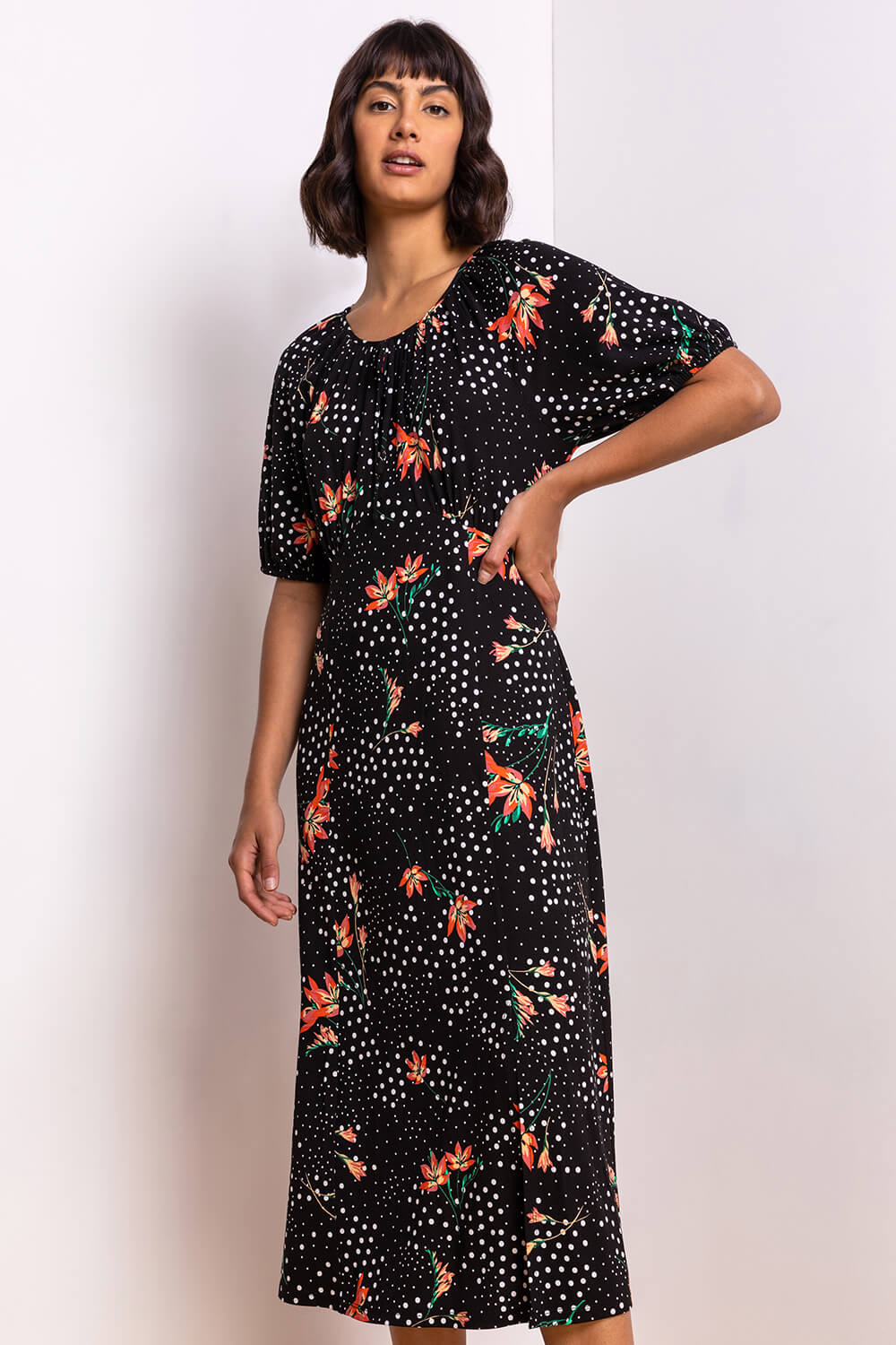 Black Spot Floral Print Midi Tea Dress, Image 3 of 5