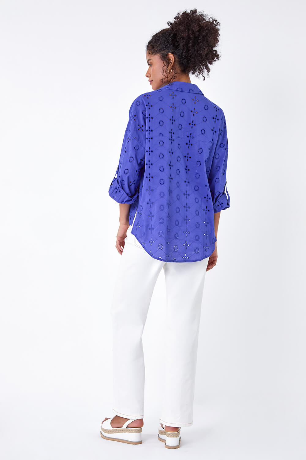 Rollo Tunic Style Long Sleeve Blouse with V Neck & Broderie Anglaise Detail - Denim Blue, Khaki, White