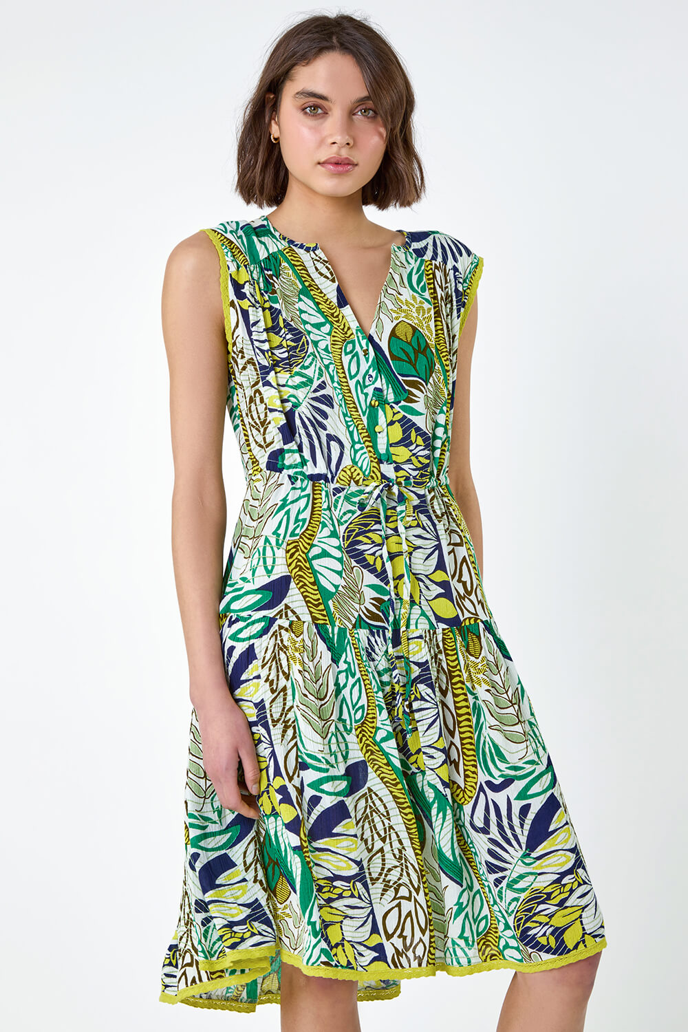 Lime Leaf Print Tiered Woven Dress, Image 2 of 5