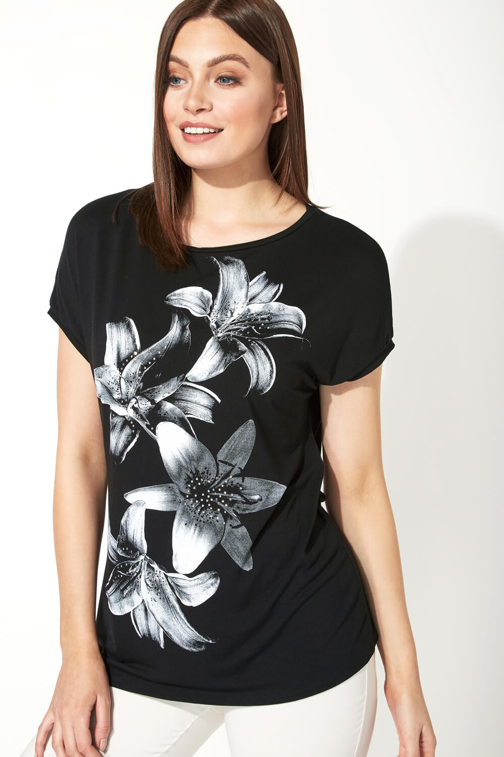 Black Floral Lily Print Embellished T-Shirt, Image 4 of 5