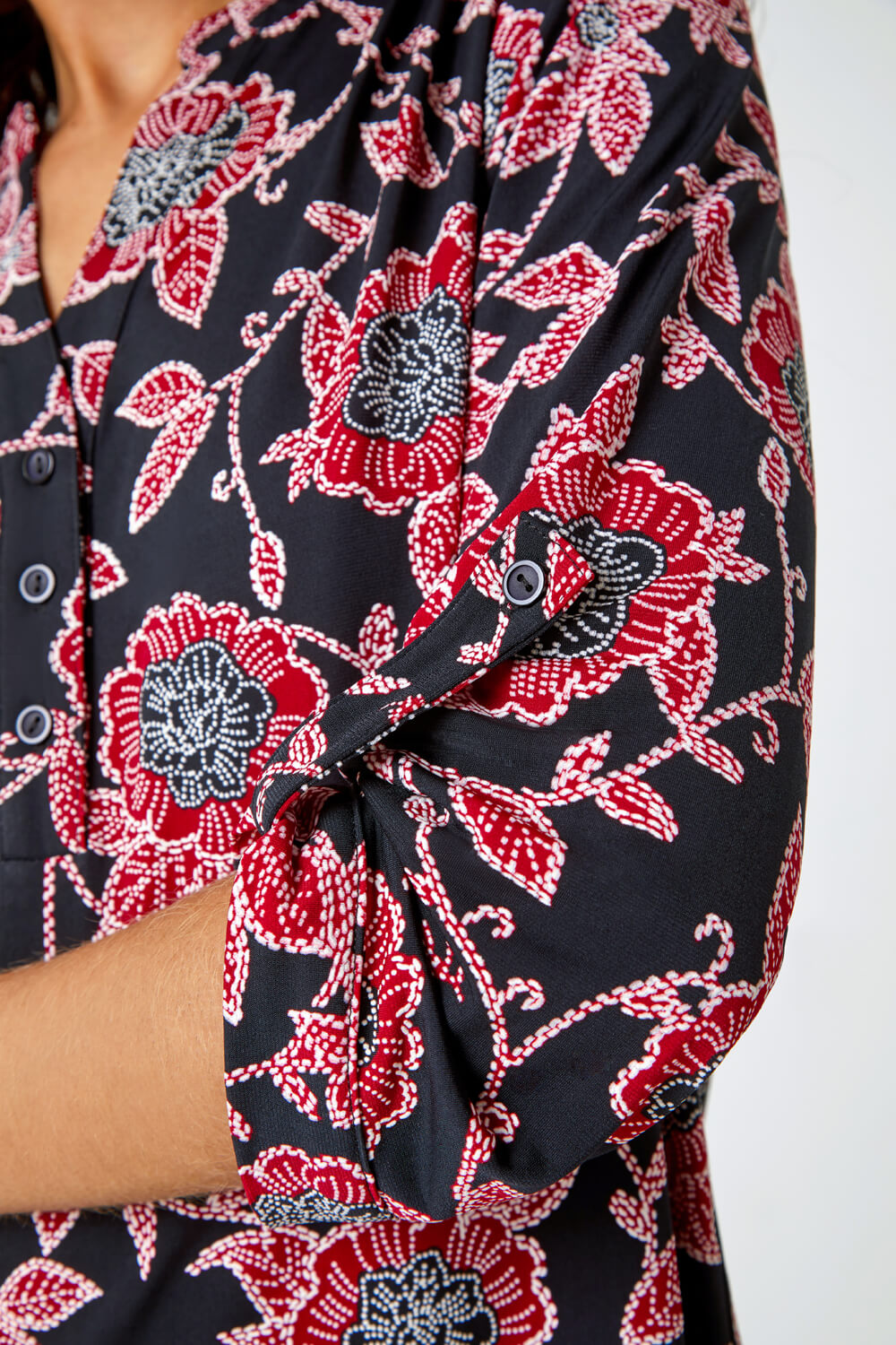 Red Textured Floral Print Stretch Shirt, Image 5 of 5