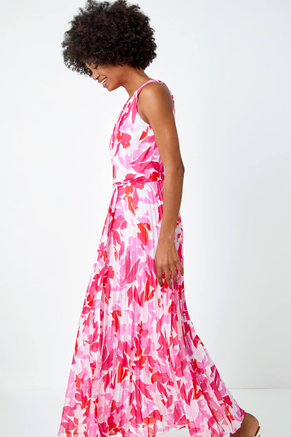 PINK Floral Pleated Halter Neck Maxi Dress, Image 2 of 5
