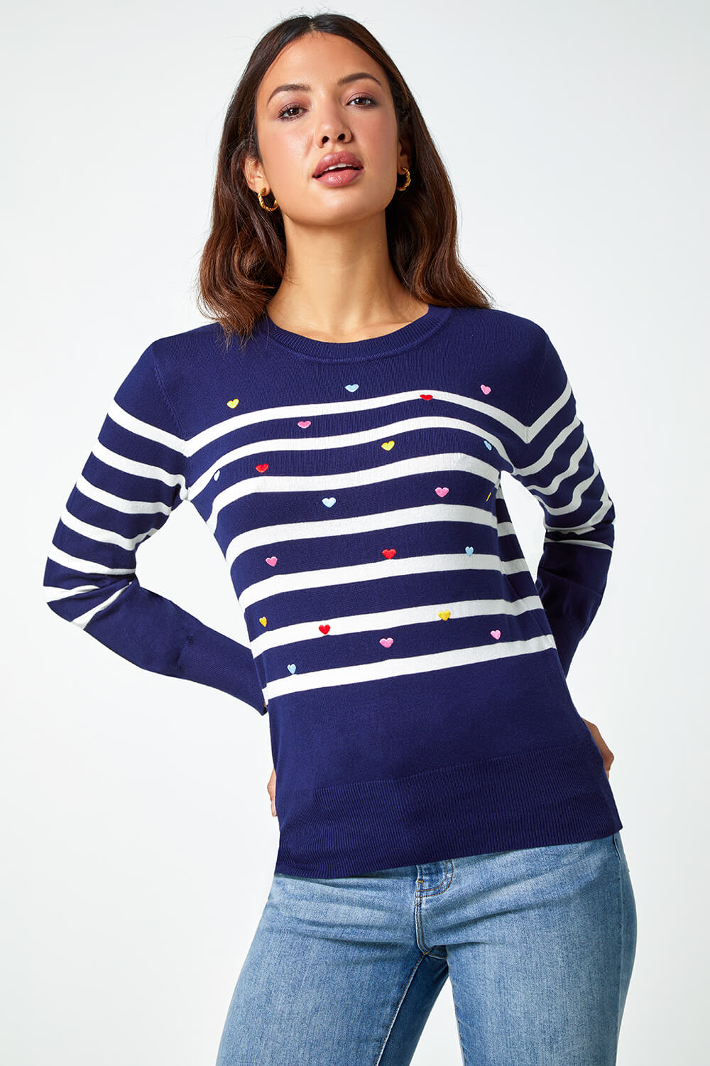 Navy  Heart Embroidered Stripe Jumper, Image 4 of 5
