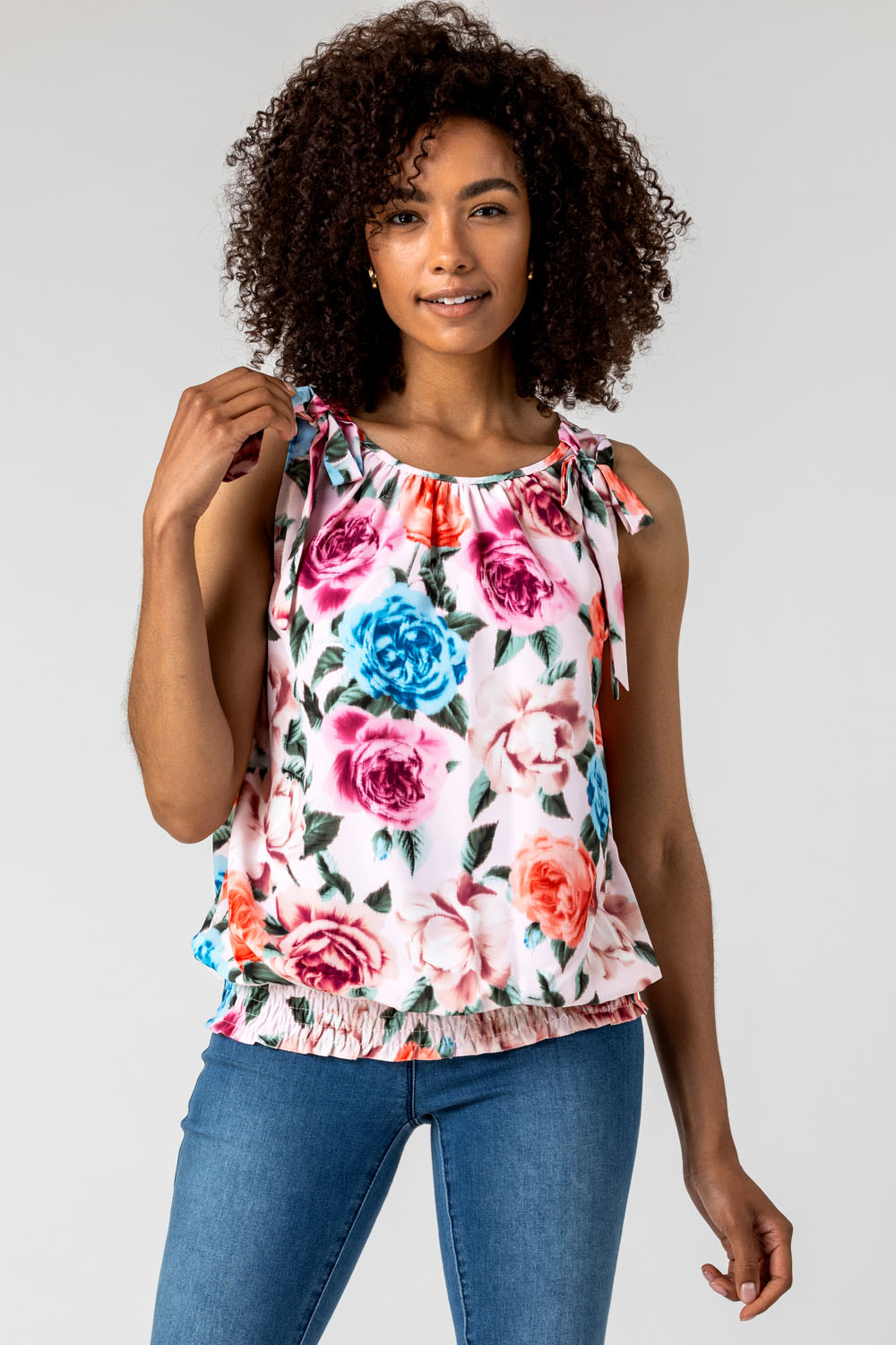 Bow Detail Floral Shirred Top