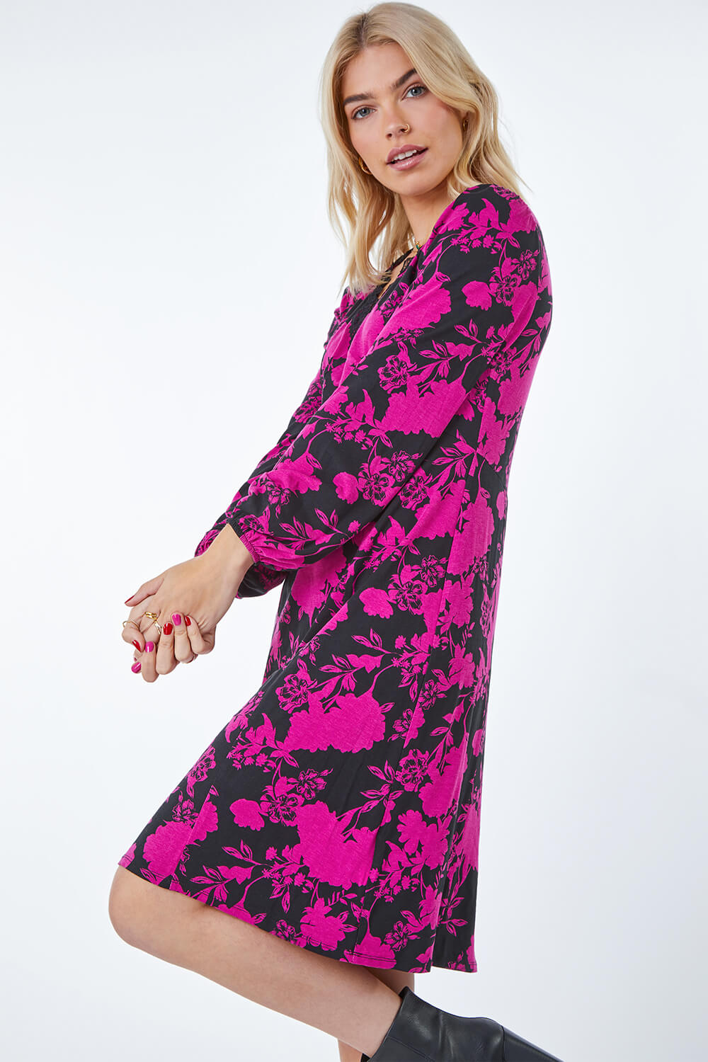 Fushcia Floral Lace Trim Jersey Dress, Image 2 of 5