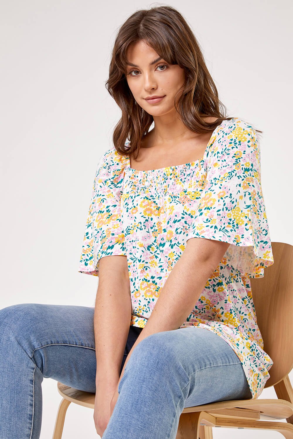 Ivory  Curve Ditsy Floral Print Longline Top, Image 5 of 5