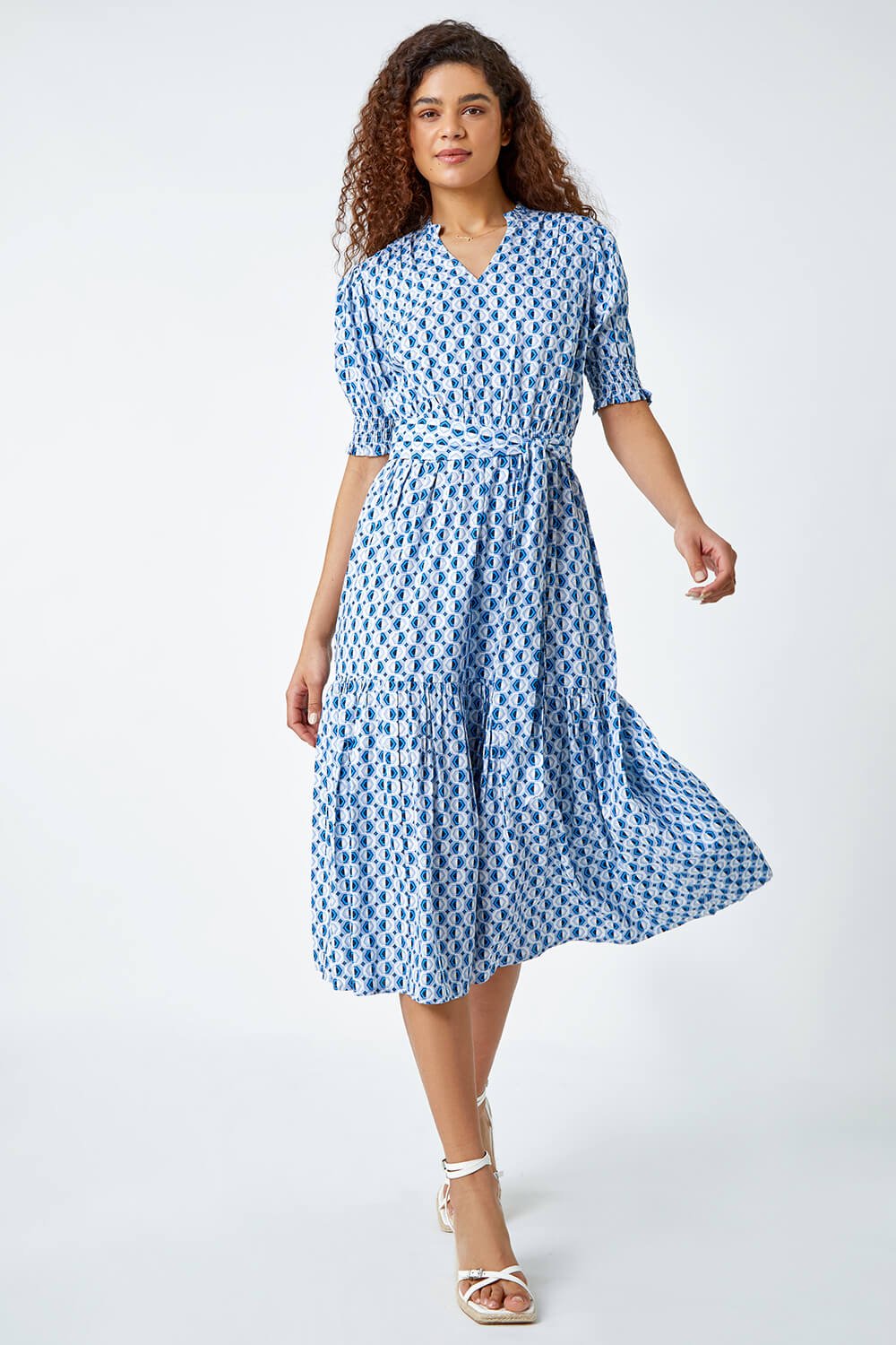 Blue Geometric Tiered Belted Midi Dress, Image 2 of 5