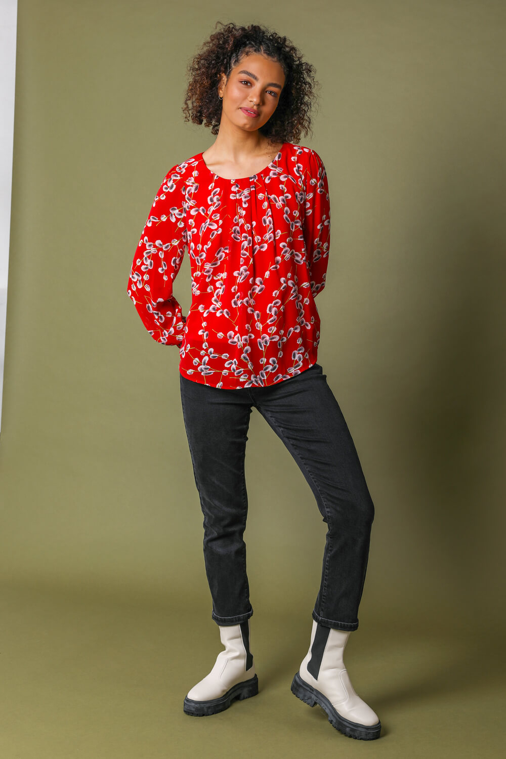 Red Floral Print Pleated Neck Top, Image 3 of 5