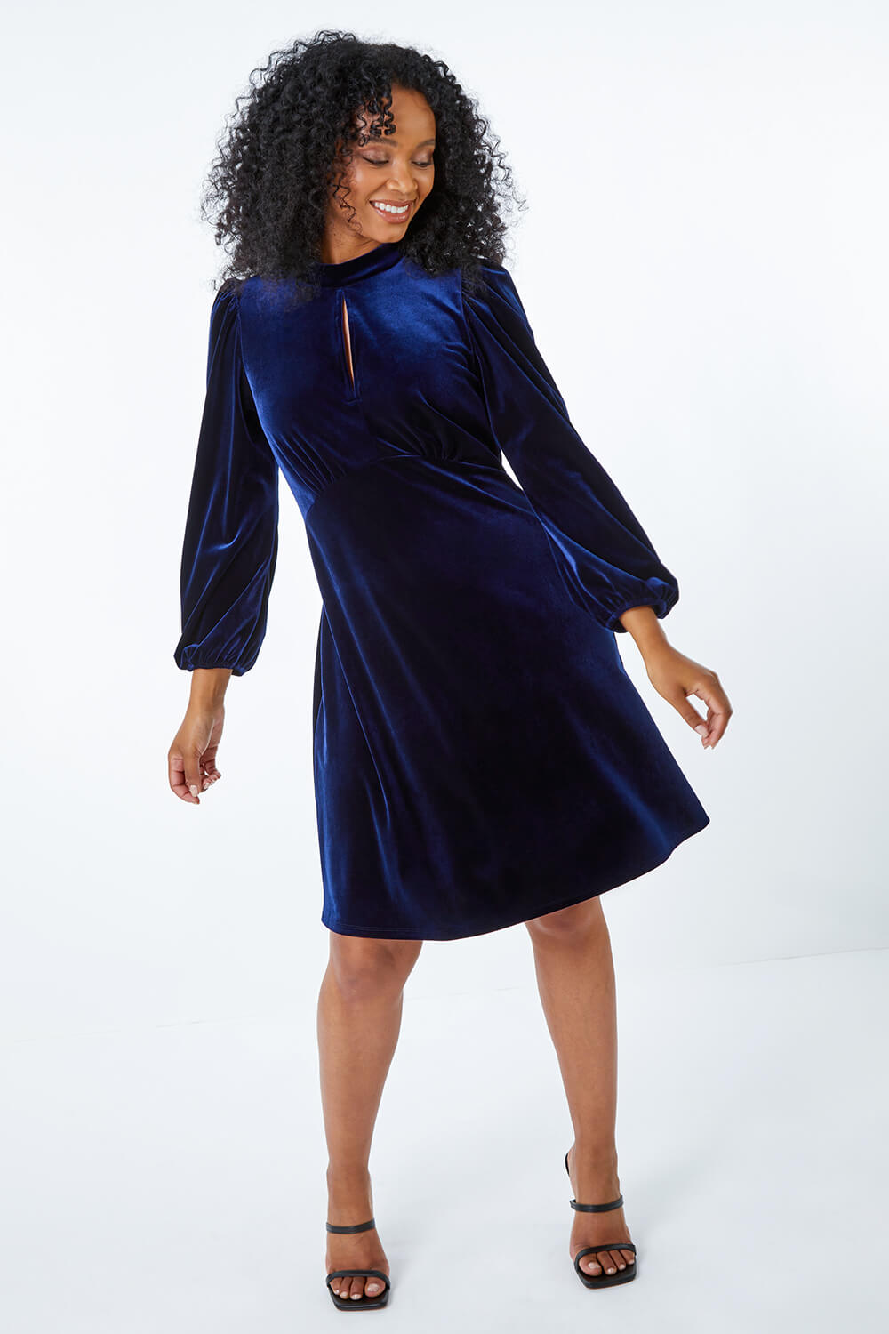 Midnight Blue Petite Keyhole Stretch Velvet Dress, Image 4 of 5