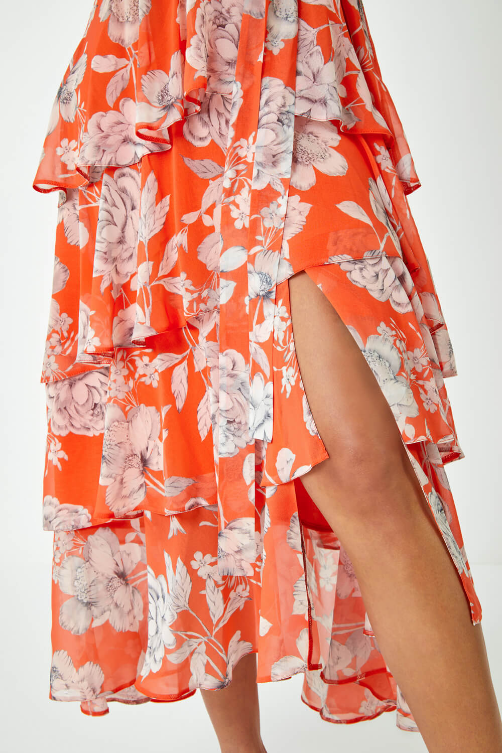 ORANGE Floral Print Tiered Midi Dress, Image 5 of 5