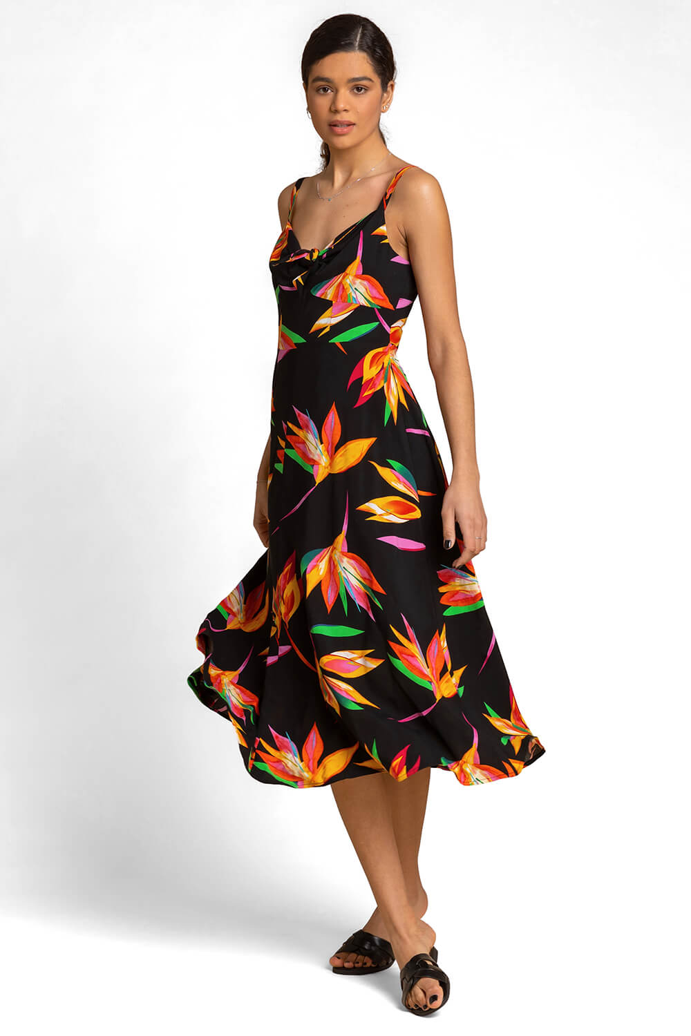 Black Floral Print Tie Front Midi Dress, Image 3 of 6