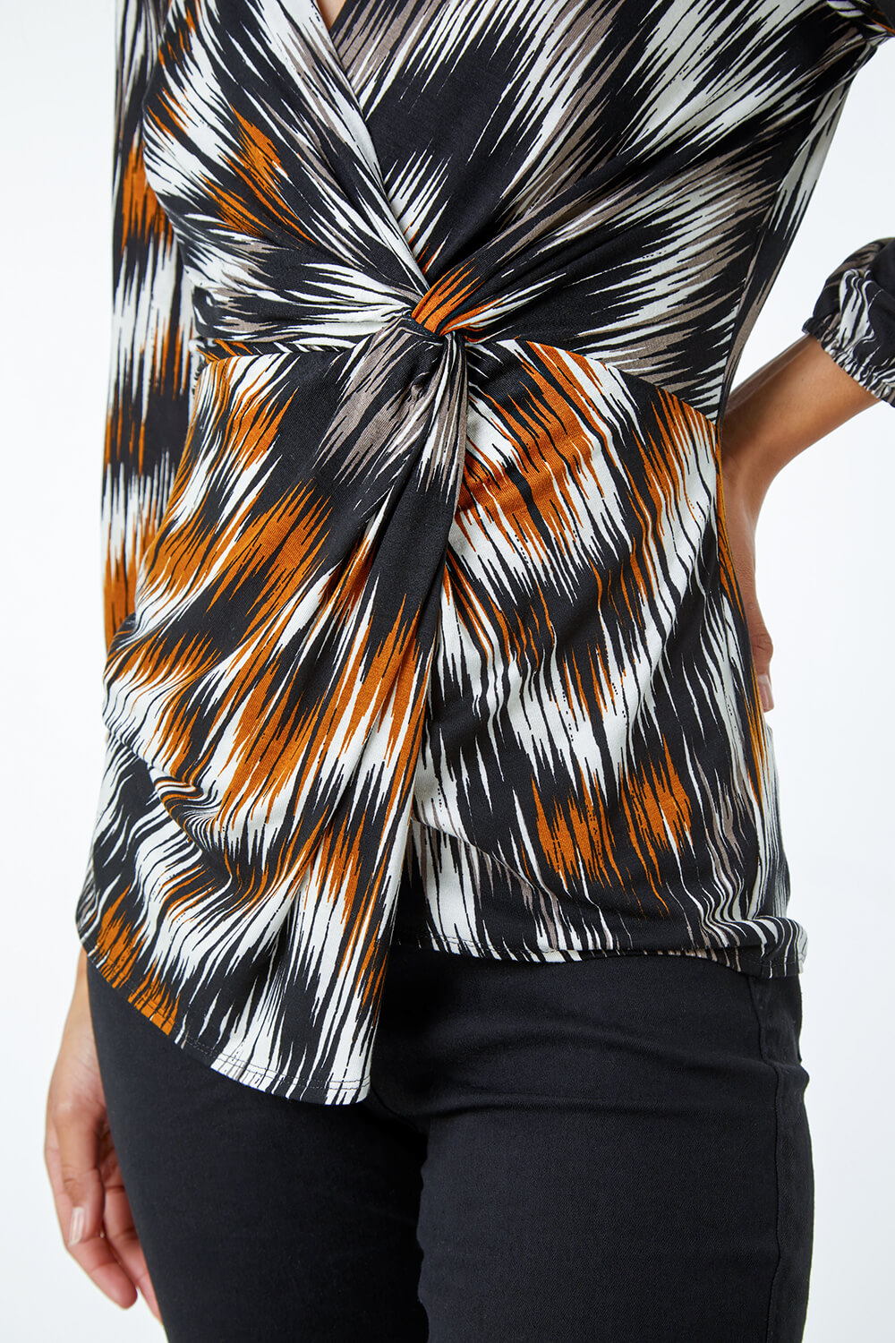Neutral Abstract Print Twist Detail Top, Image 5 of 5