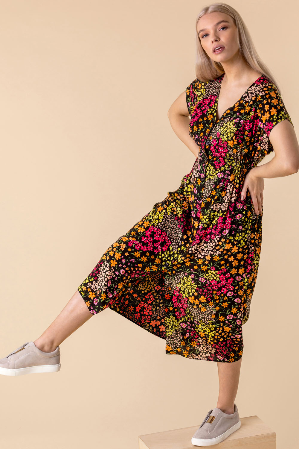 Multi  Floral Print Button Through Dress, Image 5 of 5