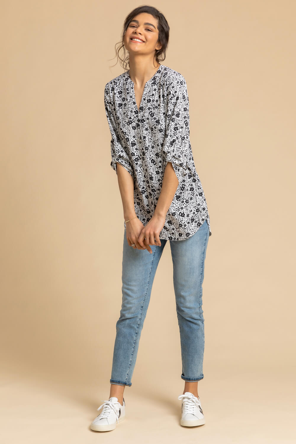 Black Ditsy Floral Button Through Tunic Blouse, Image 3 of 4