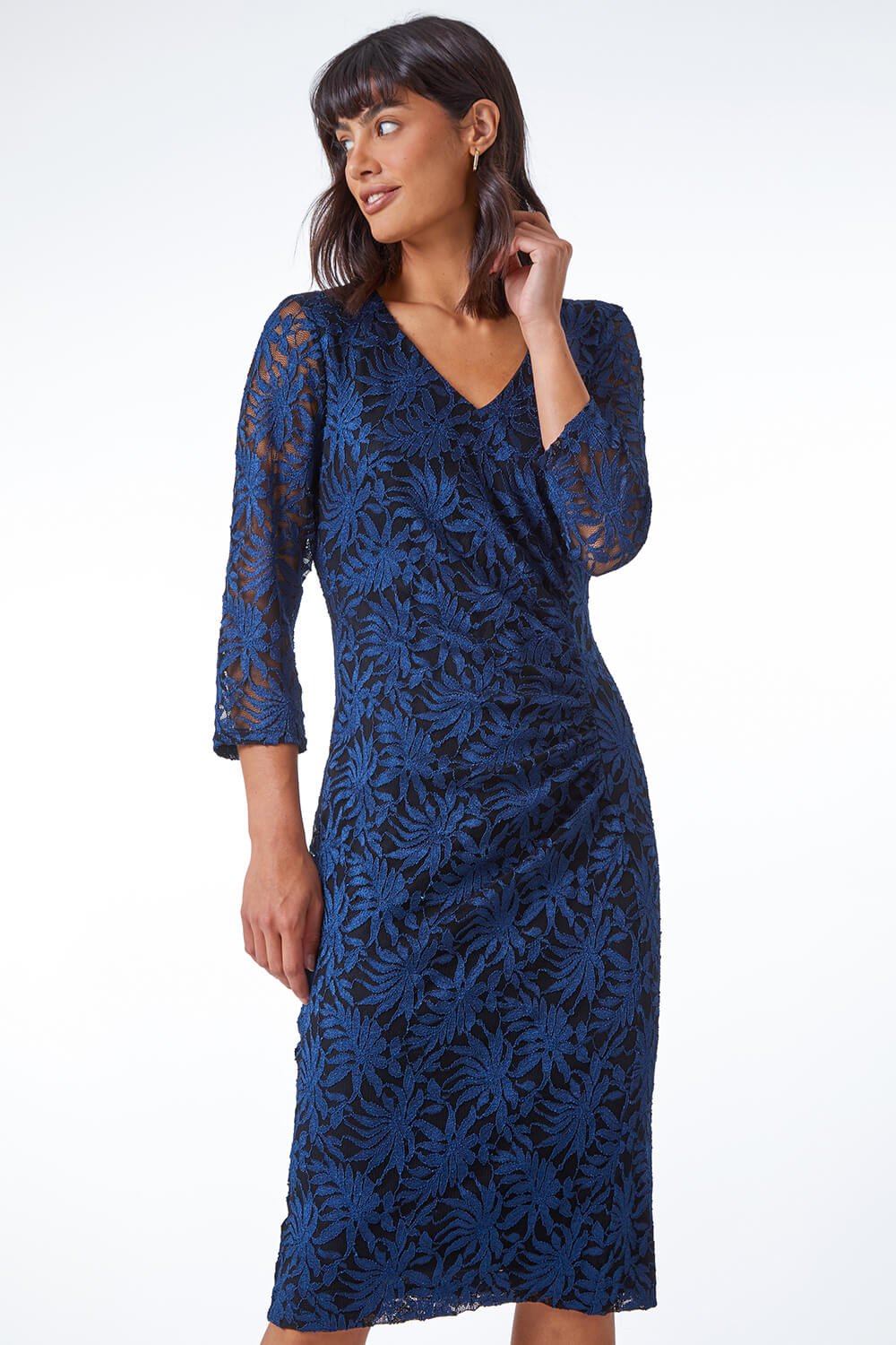 Palm Print Ruched Lace Dress in Petrol Blue - Roman Originals UK