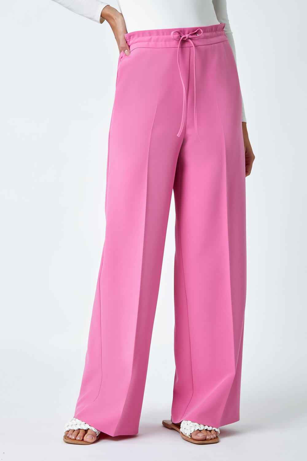 Light Pink Wide Leg Tie Front Stretch Trouser, Image 4 of 5