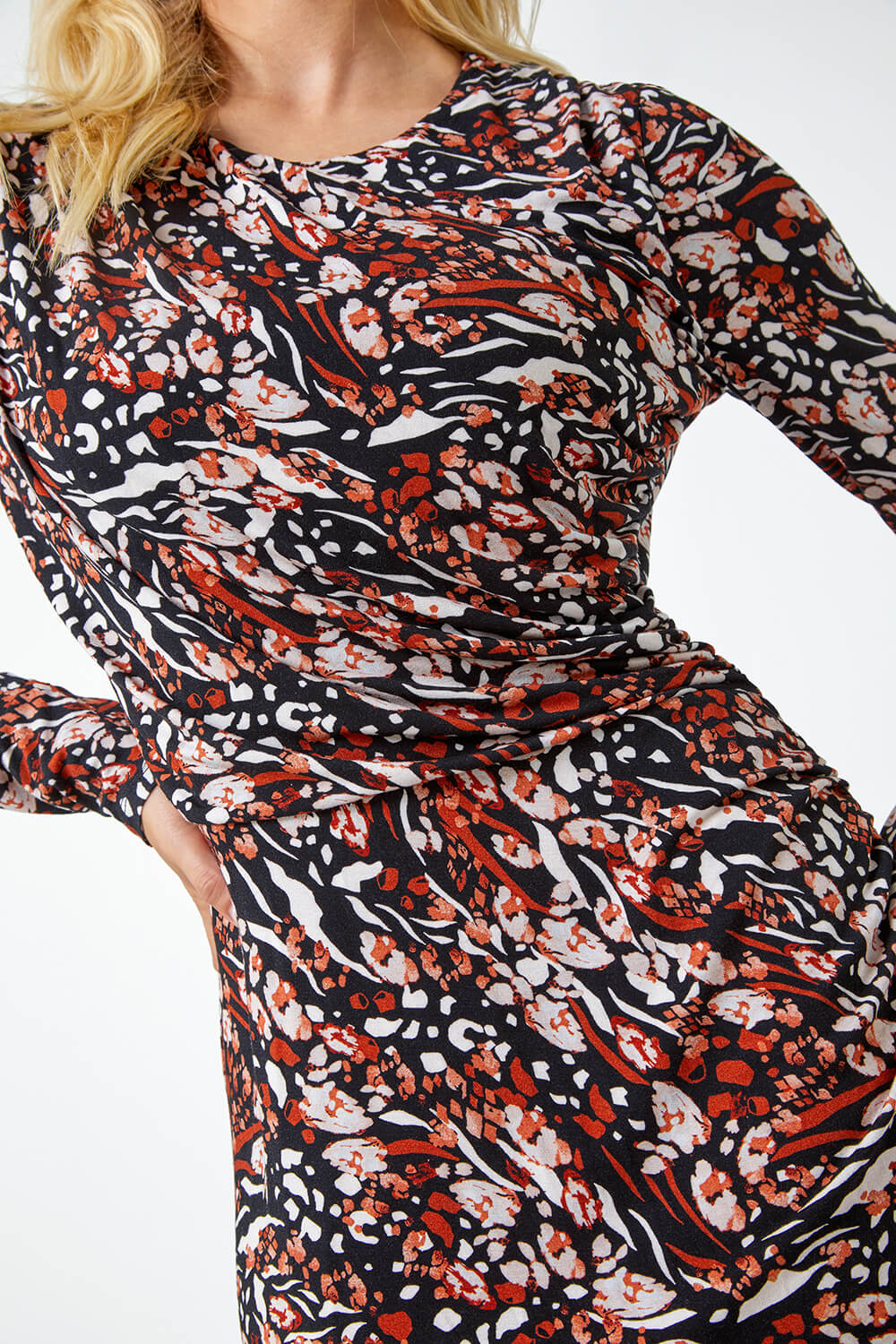 Neutral Animal Print Ruched Stretch Dress, Image 5 of 5