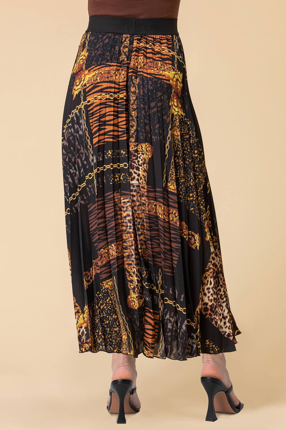 Rust Animal Chain Print Pleated Skirt, Image 2 of 4