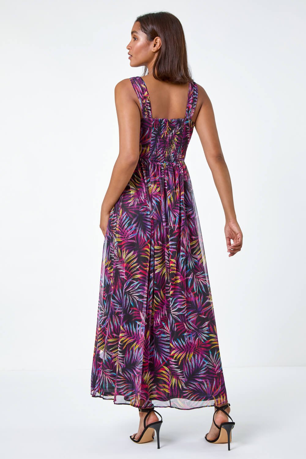 Purple Palm Print Mesh Overlay Maxi Dress, Image 3 of 5