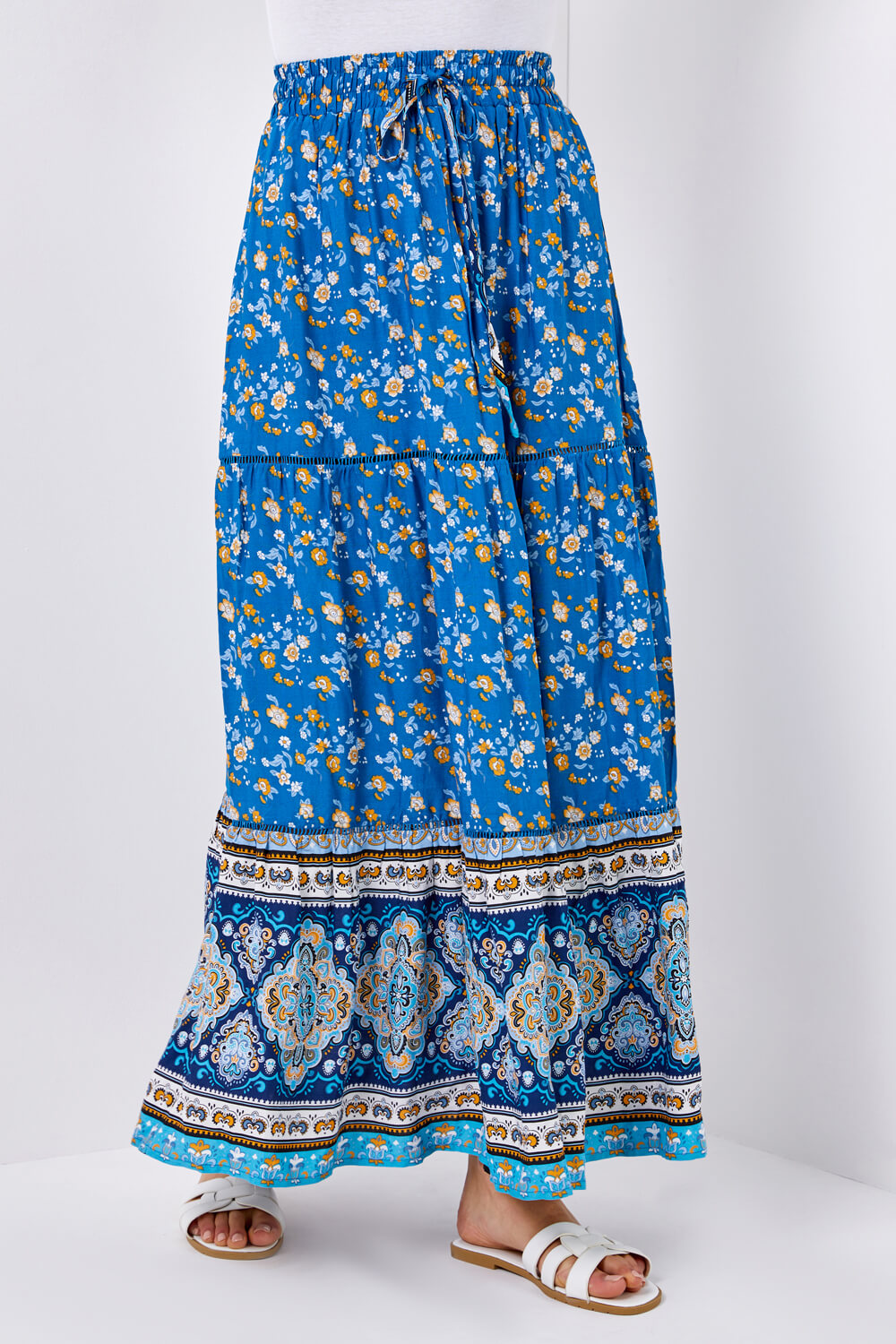 Tiered Floral Print Maxi Skirt in Blue - Roman Originals UK