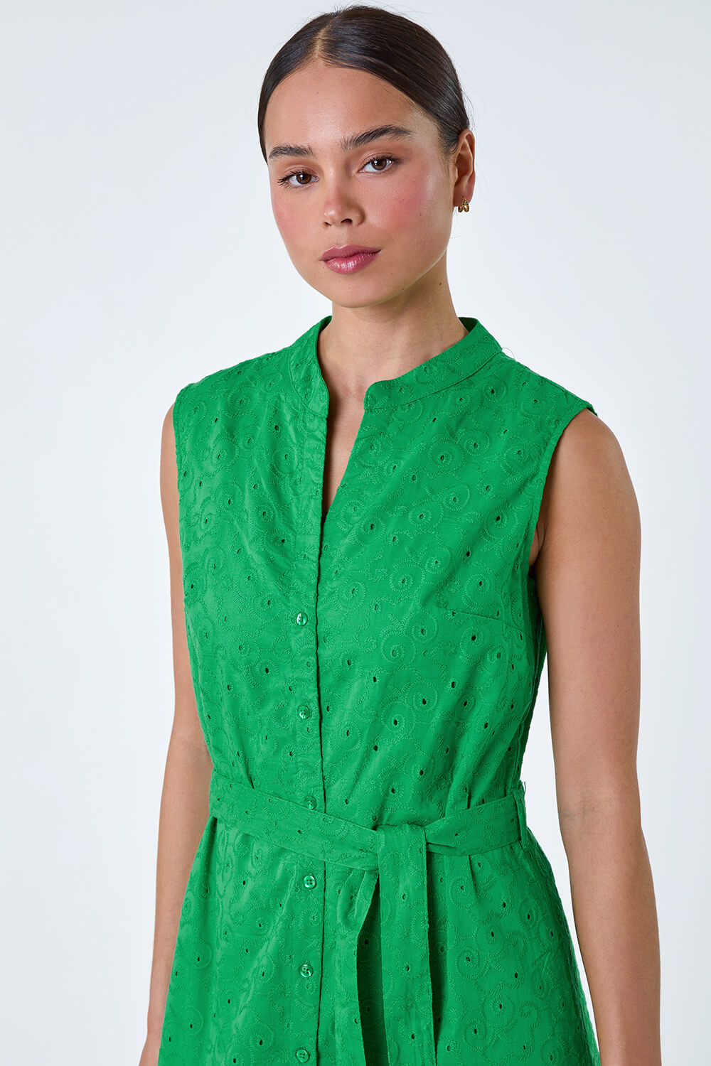 Green Petite Cotton Broderie Frill Midi Dress, Image 4 of 5