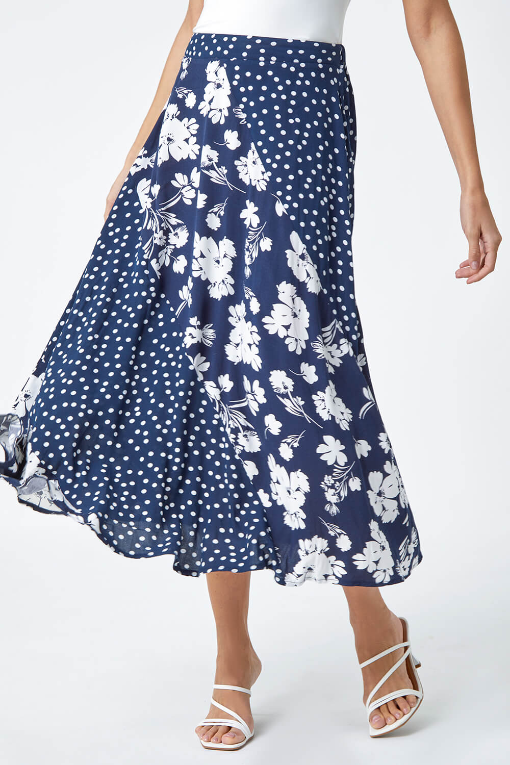 Blue Mixed Floral Spot Print Midi Skirt, Image 4 of 5