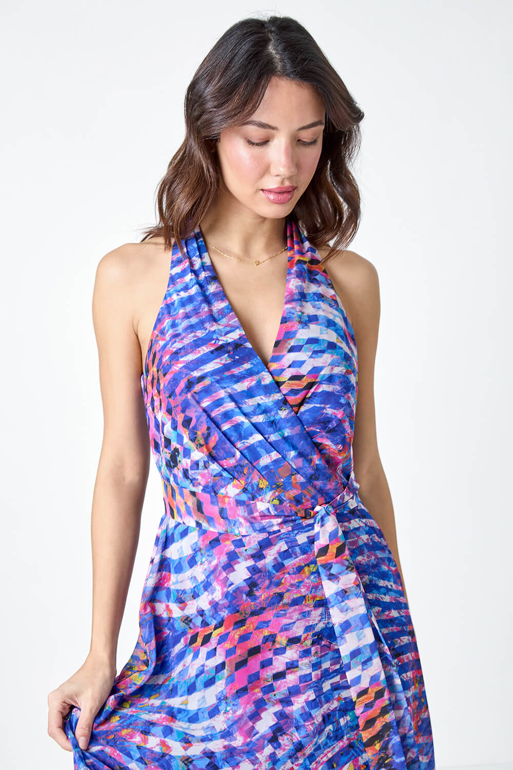 Blue Abstract Print Halterneck Maxi Dress, Image 4 of 5